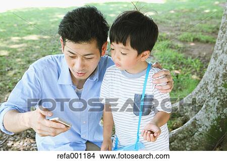 Happy Japanese father and son catching insects in a city park View Large Photo Image Picture - Happy Japanese father and son catching insects in a city park. Fotosearch