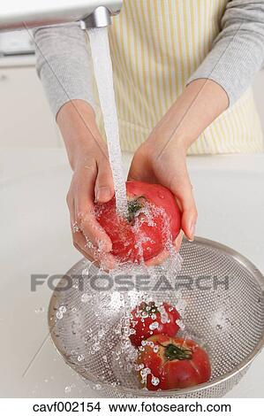 Picture - Woman washing tomatoes in an open kitchen. Fotosearch