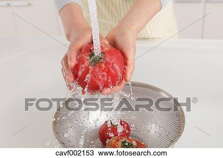 Stock Image - Woman washing tomatoes in an open kitchen. Fotosearch
