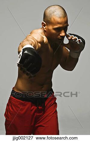 Bald male athlete in a fighting pose View Large Photo Image Stock Photo - Bald male athlete in a fighting pose. Fotosearch