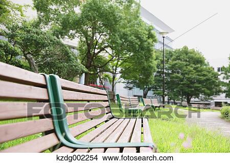 Benches in a park View Large Photo Image Picture - Benches in a park. Fotosearch