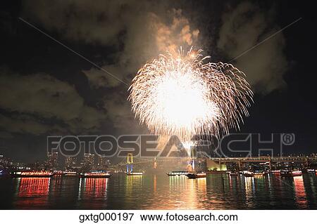 Stock Photo - Fireworks in Odaiba bay, Tokyo, Japan. Fotosearch