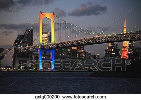 Night view of Rainbow bridge and Tokyo Tower, Tokyo, Japan View Large Photo Image Stock Image - Night view of Rainbow bridge and Tokyo Tower, Tokyo, Japan. Fotosearch