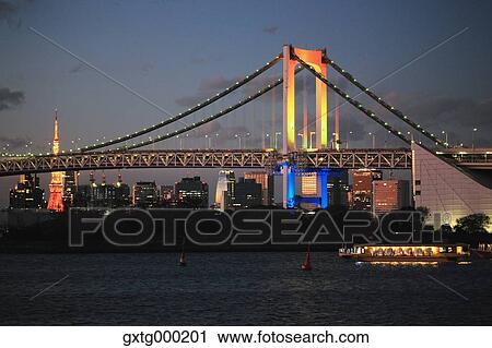 Night view of Rainbow bridge and Tokyo Tower, Tokyo, Japan View Large Photo Image Stock Image - Night view of Rainbow bridge and Tokyo Tower, Tokyo, Japan. Fotosearch
