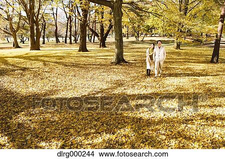 Picture - Senior Japanese couple in a city park in Autumn. Fotosearch