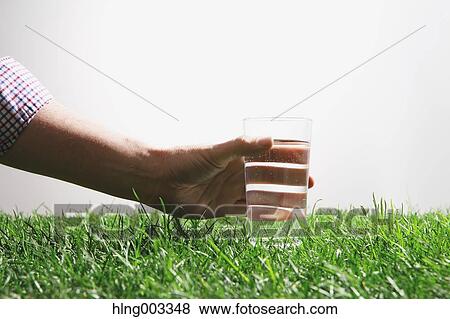 Hand picking glass of water on grass View Large Photo Image Stock Photo - Hand picking glass of water on grass. Fotosearch
