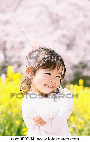 Young smiling Japanese girl enjoying cherry blossoms in a city park View Large Photo Image Picture - Young smiling Japanese girl enjoying cherry blossoms in a city park. Fotosearch
