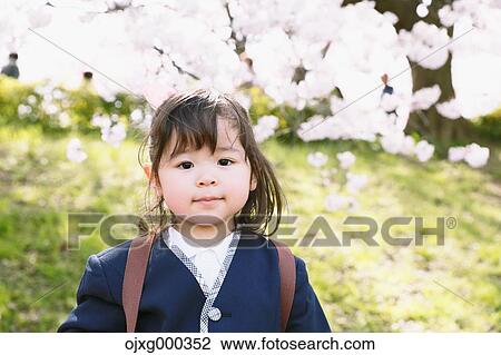 Stock Image - Young smiling Japanese girl enjoying cherry blossoms in a city park. Fotosearch