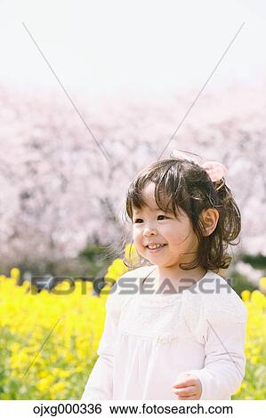 Stock Photograph - Young smiling Japanese girl enjoying cherry blossoms in a city park. Fotosearch