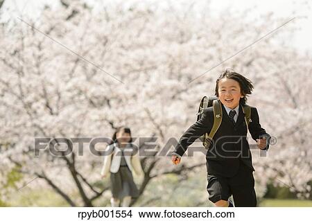 Japanese elementary school students and cherry blossoms View Large Photo Image Picture - Japanese elementary school students and cherry blossoms. Fotosearch