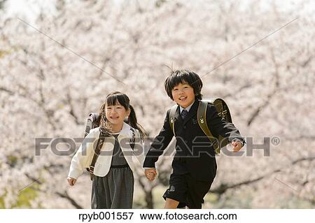Stock Photo - Japanese elementary school students and cherry blossoms. Fotosearch