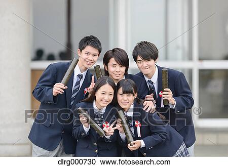 Stock Image - Japanese high school graduation ceremony. Fotosearch