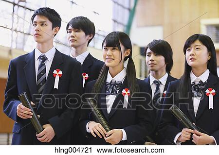 Stock Image - Japanese high school graduation ceremony. Fotosearch