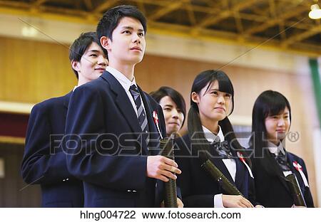 Stock Image - Japanese high school graduation ceremony. Fotosearch