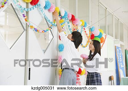 Japanese high-school students in decorated school corridor View Large Photo Image Stock Image - Japanese high-school students in decorated school corridor. Fotosearch