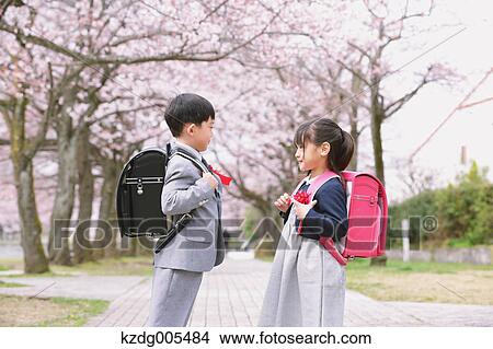 Picture - Japanese kids with cherry blossoms in a city park. Fotosearch