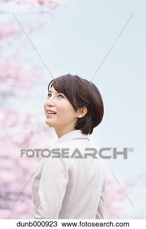 Japanese woman with cherry blossoms in a city park View Large Photo Image Stock Image - Japanese woman with cherry blossoms in a city park. Fotosearch