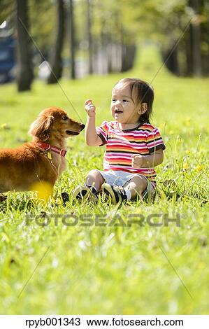 Stock Image - Kid playing with dog in a city park. Fotosearch