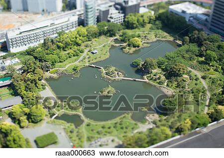Stock Image - Tilt-shift bird's eye view of Old Shiba-Rikyu Garden, Tokyo, Japan. Fotosearch