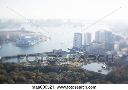 Stock Image - Tilt-shift bird's eye view of Tokyo cityscape, Tokyo, Japan. Fotosearch