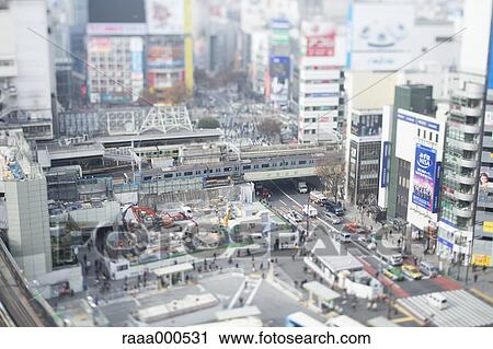 Stock Image - Tilt-shift bird's eye view of Tokyo cityscape, Tokyo, Japan. Fotosearch