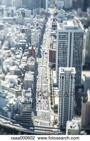 Stock Image - Tilt-shift bird's eye view of Tokyo cityscape, Tokyo, Japan. Fotosearch
