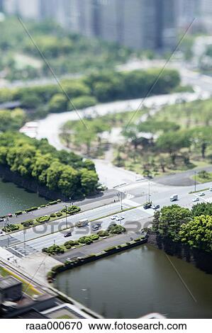 Stock Image - Tilt-shift bird's eye view of Tokyo, Tokyo, Japan. Fotosearch