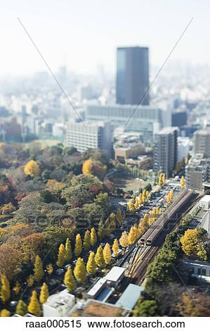 Stock Photography - Tilt-shift bird's eye view of Tokyo cityscape, Tokyo, Japan. Fotosearch
