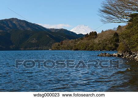 Stock Image - View of Mount Fuji from Lake Ashi in the Winter morning, Hakone, Japan. Fotosearch