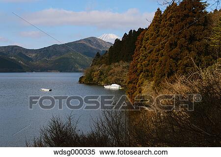 Stock Photography - View of Mount Fuji from Lake Ashi in the Winter morning, Hakone, Japan. Fotosearch