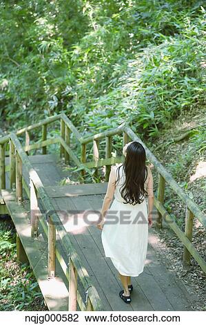 Stock Image - Young Japanese woman surrounded by green in a city park. Fotosearch