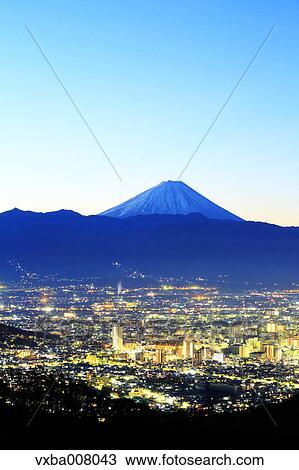 Stock Image - Beautiful view of Mount Fuji and Fujikawa town, Yamanashi Prefecture, Japan. Fotosearch
