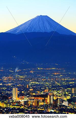 Stock Photography - Beautiful view of Mount Fuji and Fujikawa town, Yamanashi Prefecture, Japan. Fotosearch