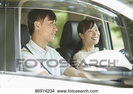Picture - Japanese couple in the car. Fotosearch