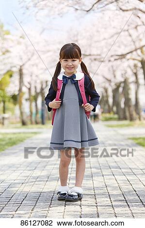Japanese elementary schoolgirl and cherry blossoms View Large Photo Image Stock Image - Japanese elementary schoolgirl and cherry blossoms. Fotosearch