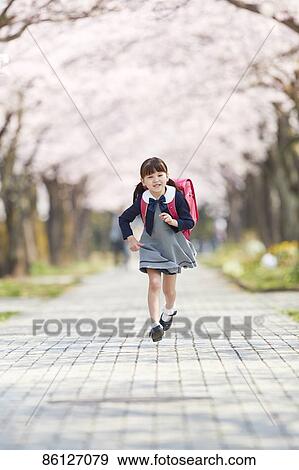 Japanese elementary schoolgirl and cherry blossoms View Large Photo Image Stock Photo - Japanese elementary schoolgirl and cherry blossoms. Fotosearch