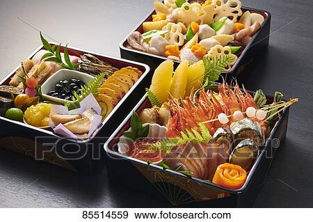 Japanese New Year traditional Osechi dishes View Large Photo Image Stock Photo - Japanese New Year traditional Osechi dishes. Fotosearch
