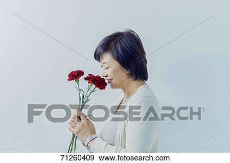 Japanese senior woman holding red roses View Large Photo Image Stock Photo - Japanese senior woman holding red roses. Fotosearch
