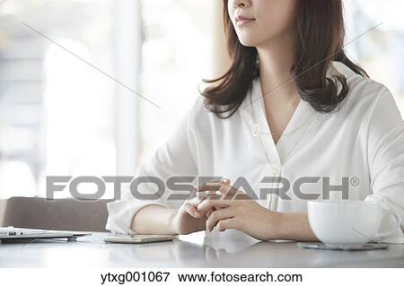 Japanese woman stylish cafe View Large Photo Image Stock Photo - Japanese woman stylish cafe. Fotosearch