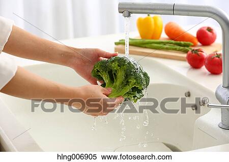 Stock Photography - Japanese woman washing vegetables in the kitchen. Fotosearch
