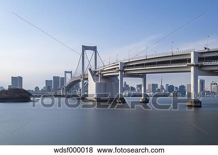 Long exposure shot of Rainbow Bridge and blue sky, Tokyo, Japan View Large Photo Image Stock Photo - Long exposure shot of Rainbow Bridge and blue sky, Tokyo, Japan. Fotosearch