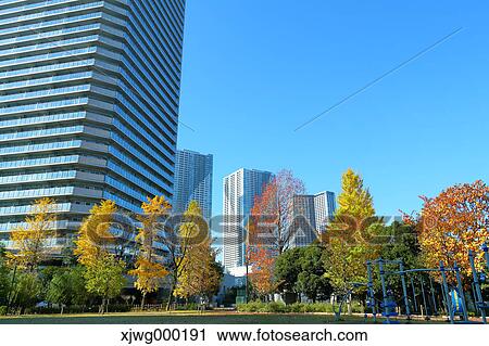 Stock Image - Skyscrapers and blue sky, Tokyo, Japan. Fotosearch