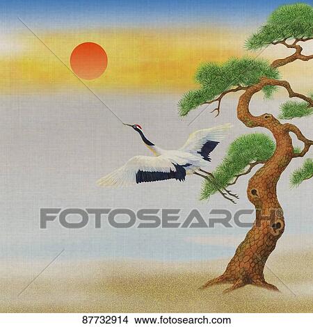 Picture - Japanese style traditional crane illustration. Fotosearch