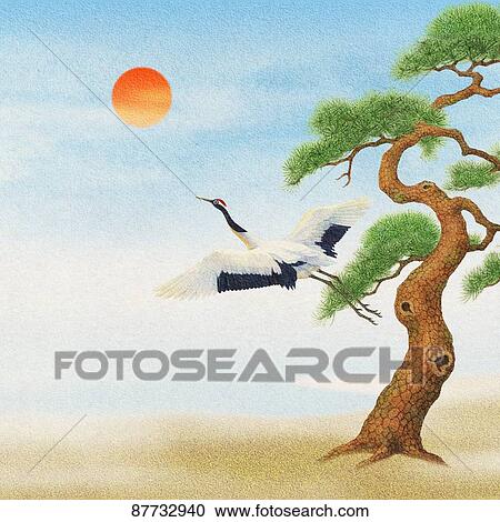 Stock Image - Japanese style traditional crane illustration. Fotosearch