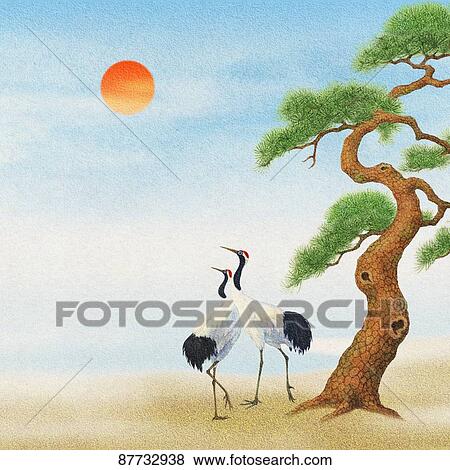 Japanese style traditional crane illustration View Large Photo Image Stock Photo - Japanese style traditional crane illustration. Fotosearch