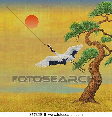 Japanese style traditional crane illustration View Large Photo Image Stock Photography - Japanese style traditional crane illustration. Fotosearch
