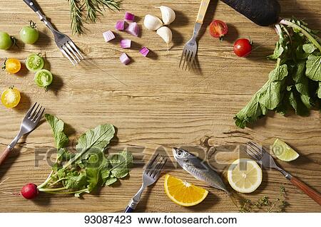 Stock Image - Top down view of ingredients on a table. Fotosearch