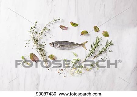 Stock Image - Top down view of ingredients on a table. Fotosearch