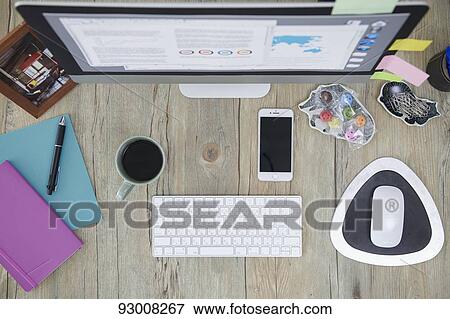 Top down view of working desk View Large Photo Image Stock Photo - Top down view of working desk. Fotosearch