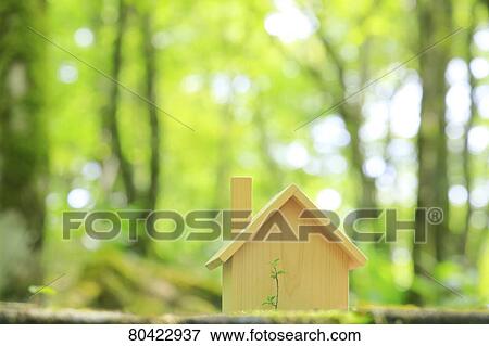 Stock Photo - Wooden model house in the woods. Fotosearch